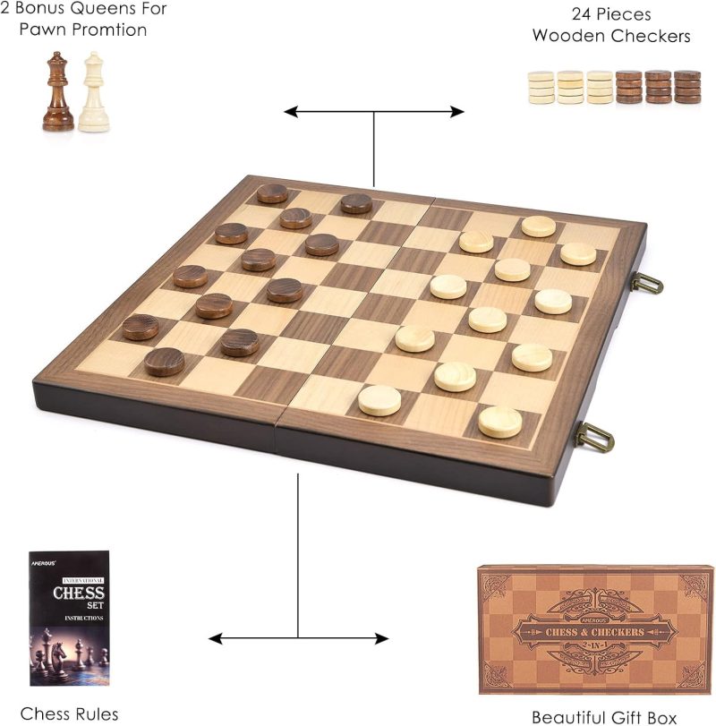 Magnetic Wooden Chess and Checkers Game Set, 15 Inches (2 in 1) Chess Board Games - Image 8