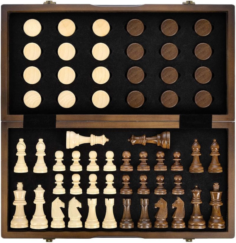 Magnetic Wooden Chess and Checkers Game Set, 15 Inches (2 in 1) Chess Board Games