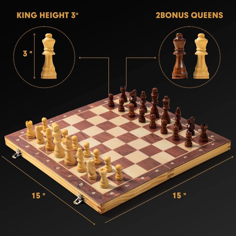 15" x 15" Magnetic Wooden Folding Chess Set with 2 Extra Queens - Image 4