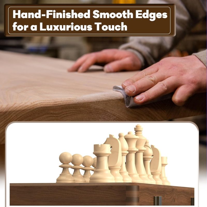 Premium Natural Walnut 15" Magnetic Wooden Folding Chess & Checkers Set- 2 in 1 (Black) - Image 4