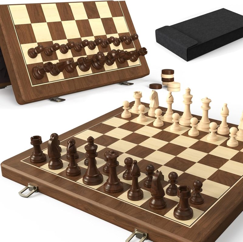 Premium Natural Walnut 15" Magnetic Wooden Folding Chess & Checkers Set- 2 in 1 (Black) - Image 9