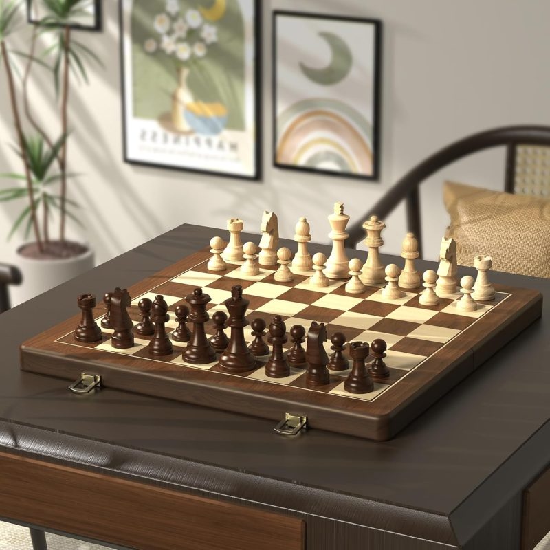 Premium Natural Walnut 15" Magnetic Wooden Folding Chess & Checkers Set- 2 in 1 (Black) - Image 8