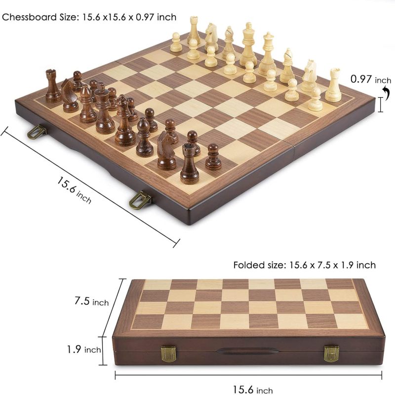 Magnetic Wooden Chess and Checkers Game Set, 15 Inches (2 in 1) Chess Board Games - Image 5