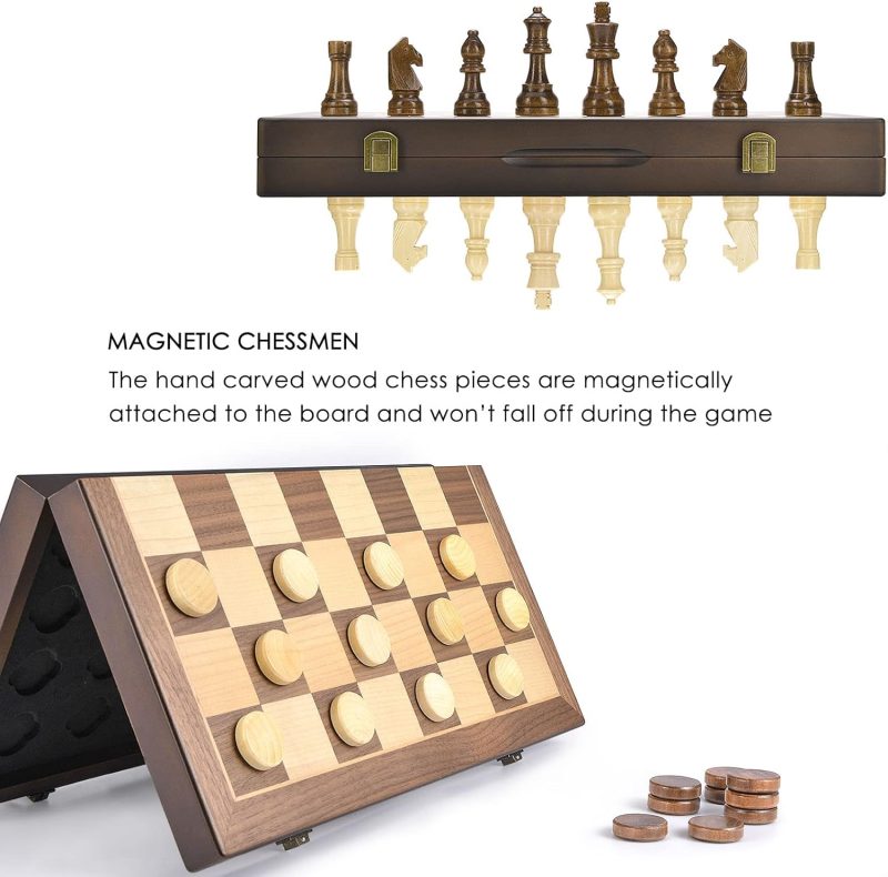Magnetic Wooden Chess and Checkers Game Set, 15 Inches (2 in 1) Chess Board Games - Image 4
