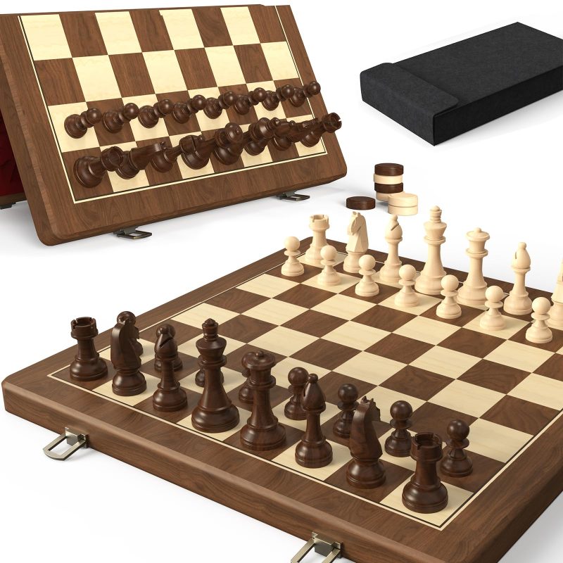 Premium Natural Walnut 15" Magnetic Wooden Folding Chess & Checkers Set- 2 in 1 (Black) - Image 10