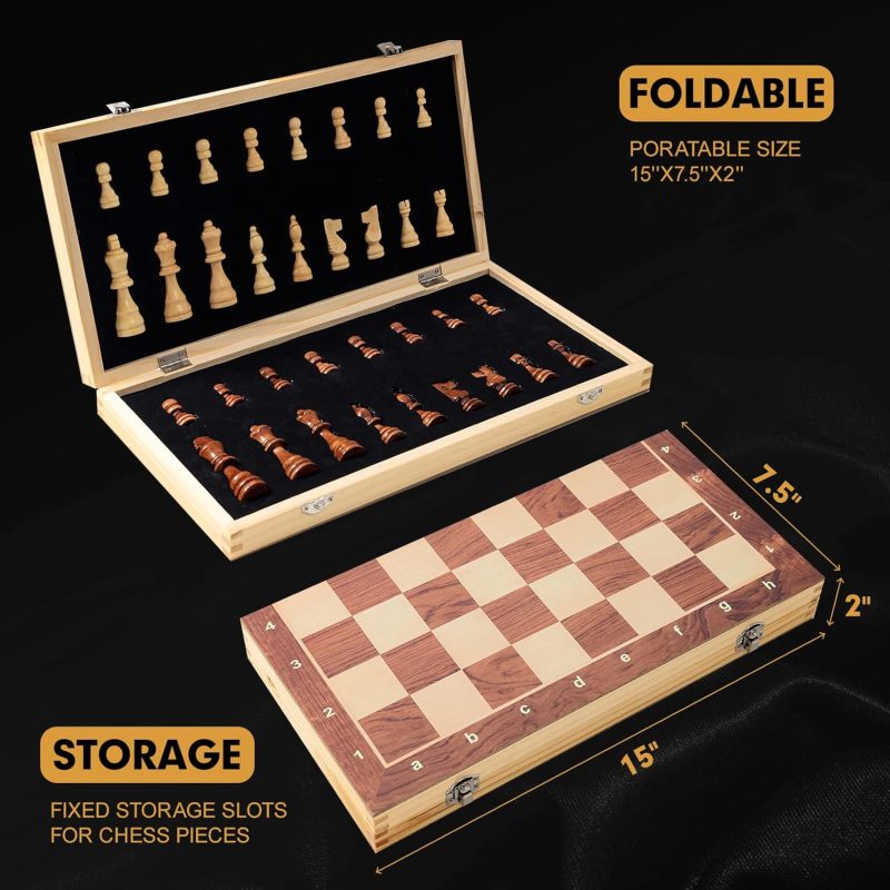 15" x 15" Magnetic Wooden Folding Chess Set with 2 Extra Queens - Image 3