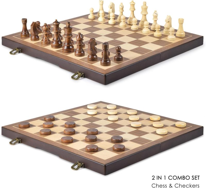 Magnetic Wooden Chess and Checkers Game Set, 15 Inches (2 in 1) Chess Board Games - Image 2