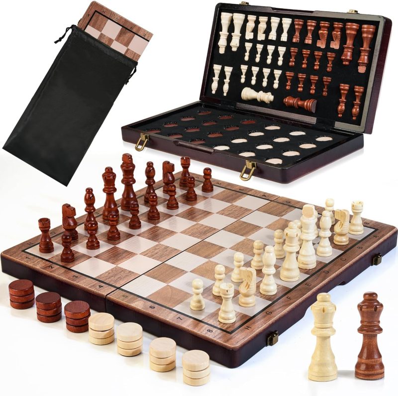2 in 1 Magnetic Wooden Chess Set & Checkers Board Game, 15’’ Folding Chess