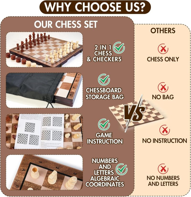 2 in 1 Magnetic Wooden Chess Set & Checkers Board Game, 15’’ Folding Chess - Image 6