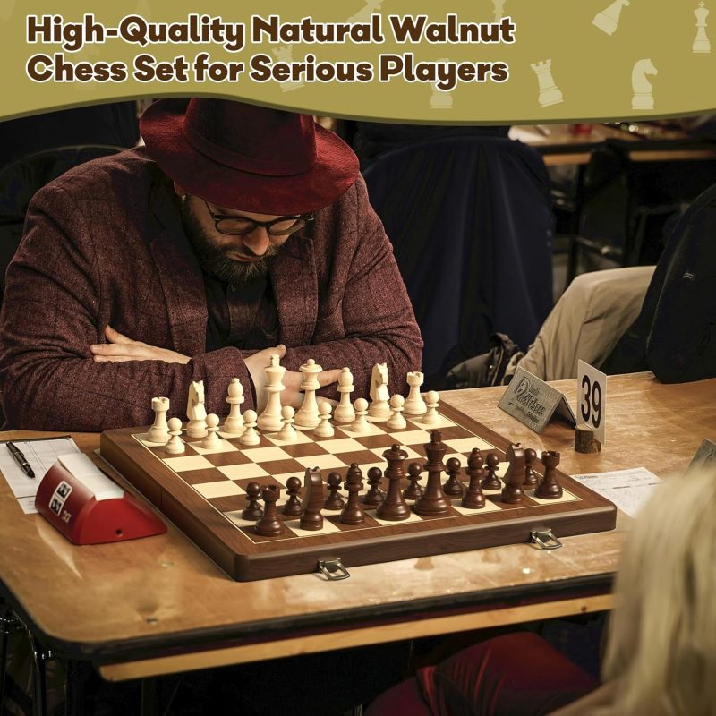 Premium Natural Walnut 15" Magnetic Wooden Folding Chess & Checkers Set- 2 in 1 (Black) - Image 3