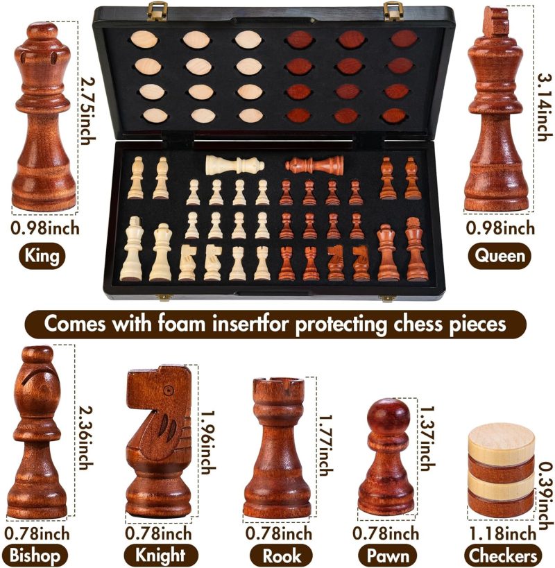 2 in 1 Magnetic Wooden Chess Set & Checkers Board Game, 15’’ Folding Chess - Image 3