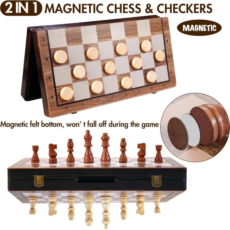 2 in 1 Magnetic Wooden Chess Set & Checkers Board Game, 15’’ Folding Chess - Image 2