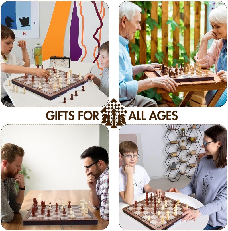 2 in 1 Magnetic Wooden Chess Set & Checkers Board Game, 15’’ Folding Chess - Image 7