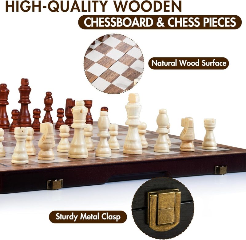 2 in 1 Magnetic Wooden Chess Set & Checkers Board Game, 15’’ Folding Chess - Image 5